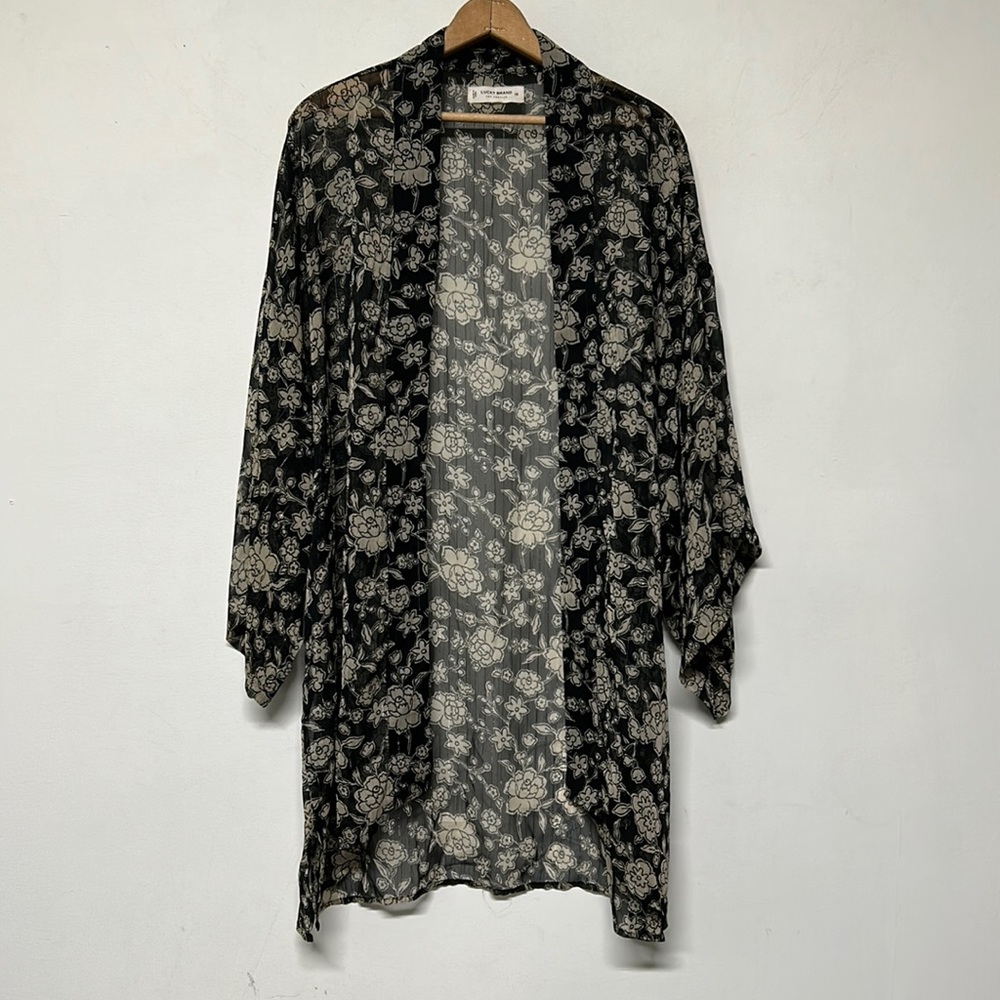 Lucky Brand Floral Black, White, and Silver Metallic Sheer Kimono
